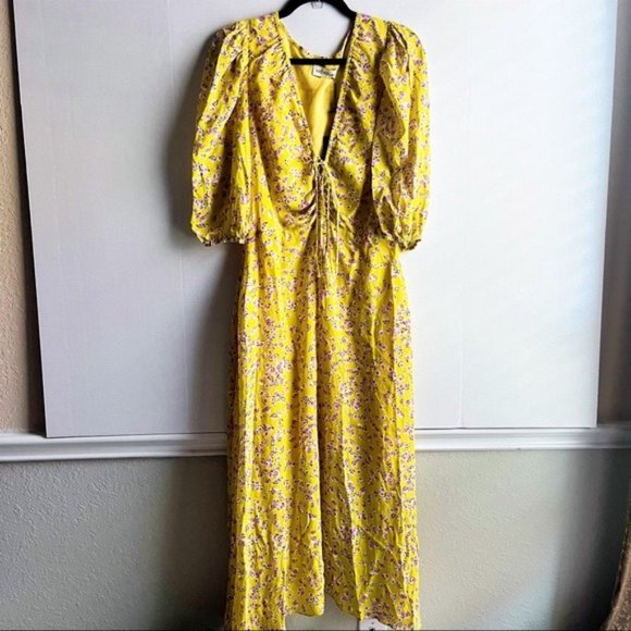 NICHOLAS Yellow Floral A-Line Midi Dress V Neck Puff Sleeve Tea Length US 0 New - Picture 3 of 10